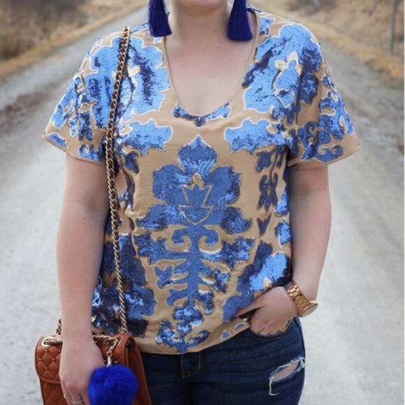 Tracy Reese Neiman Marcus + Target | Tan with Blue Sequins Relaxed Fit Blouse - Picture 13 of 14
